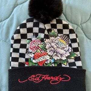 Ed Hardy Black and Gray Beanie with Floral Heart Design & Pom Pom